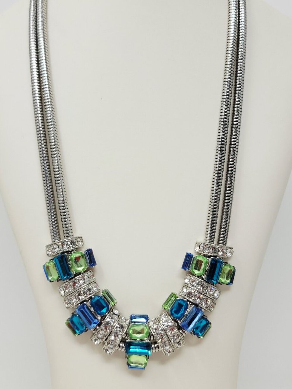 Multi Strand Snake Chain Blue Green Crystal Rhinestone Statement Necklace - Picture 2 of 5